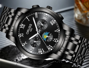 Close-up of ORUSS men's black stainless steel business watch with Roman numerals and day-night subdial