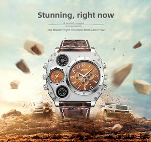 Rugged dual time zone military watch with leather strap and compass in desert setting