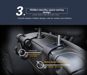 Close-up of a hidden car headrest hook showing its compact and rounded safety design