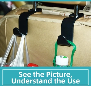 Detailed view of black S-shaped car seat headrest hook holding a water bottle and bag