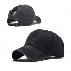 Washed black ponytail baseball cap with vintage distressed cotton and metal buckle