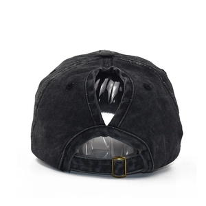 Washed black ponytail baseball cap for women with criss cross back and metal buckle