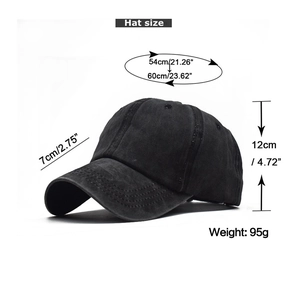 Detailed size chart of washed cotton ponytail baseball cap with dimensions in cm and inches
