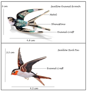 Detail showing two enamel swallow brooches with rhinestone accents and size specifications