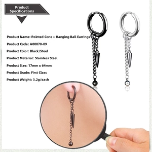 Detailed size parameters of stainless steel cone and ball tassel earrings with dimensions