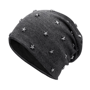 Dark grey knitted beanie featuring stylish silver star studs for hip-hop winter fashion