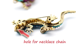 Close-up of golden gecko brooch showing the hole for a necklace chain function
