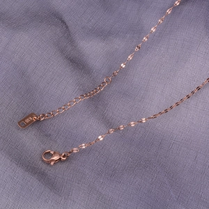 Detailed macro shot of 18K rose gold fish mouth chain with lobster clasp and K18 hallmark tag