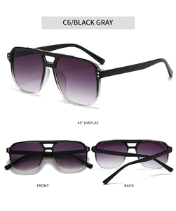 Detailed views of black pilot sunglasses with metal rivets and grey gradient lenses