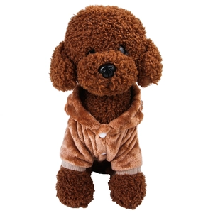 Detailed texture of brown coral fleece reindeer pet hoodie on teddy doll model