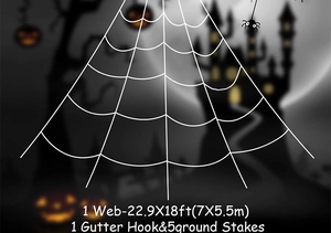 Giant 22.9x18ft white spider web decor for Halloween with gutter hook and 5 ground stakes