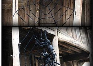 Detailed view of large black spider web and plush spiders for Halloween party decoration