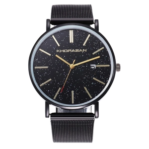 Men's quartz watch with black Milanese mesh strap and starry sky dial featuring calendar