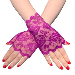 Purple lace half-finger sun protection gloves with vintage rose floral hollow patterns
