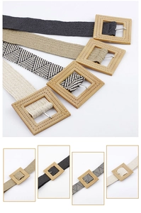 Detail of four woven belts with square wood-texture buckles in black, beige, and patterns