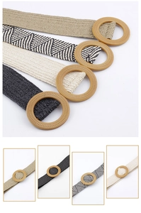 Detail of woven straw belts with round buckles in khaki, black, white, and geometric patterns