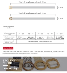 Size chart for woven straw belt showing length of 95cm and width of 4.8cm for various waists