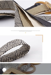 Detailed view of woven stretch belts featuring round resin buckles and geometric patterns