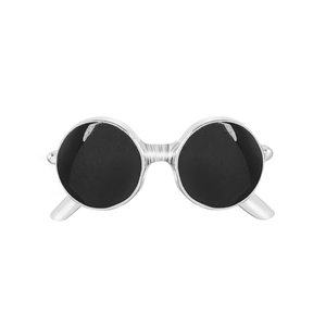 Detailed macro view of vintage round silver metal frame and dark black sunglasses lenses