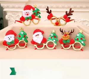 Detail view of five different Christmas glasses frames including Santa and reindeer elements