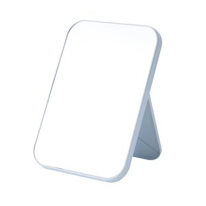 Portable folding square makeup mirror with adjustable white frame and minimalist design