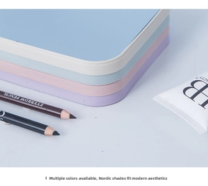 Macro shot of colorful matte minimalist makeup palettes in five soft pastel tones