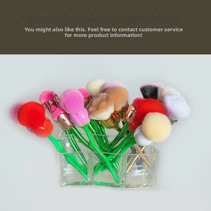 Detailed view of tulip-shaped makeup brushes with multi-colored bristles in a clear holder