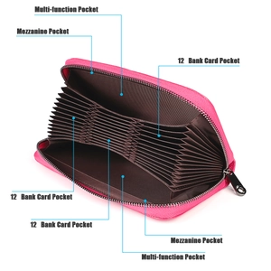 Detail of rose red leather passport wallet showing 12 card slots and accordion structure