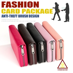 Detail view of multi-color RFID blocking leather long wallets with secure metal zippers
