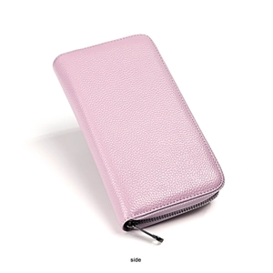 Side view of purple lychee pattern leather long wallet with secure metal zipper closure