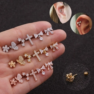 Stainless steel stud earring set with zircons in flower butterfly and bow shapes
