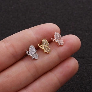 Sparkling butterfly screw stud earrings in silver, gold, and rose gold with zircon stones