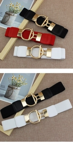 Détails des ceintures élastiques en noir, rouge et blanc avec boucles dorées rondes