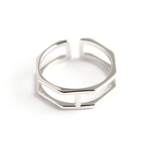 Minimalist S925 sterling silver double-layered hexagonal open ring in polished silver