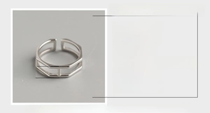 Detail view of S925 sterling silver hexagonal ring with 5.7mm width and inner dimensions