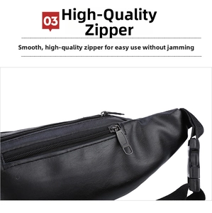 Detail of high-quality zipper and litchi texture on black waterproof waist bag