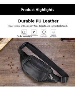 Close-up of waterproof black PU leather waist bag texture with multi-layer zipper detail