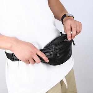 Waterproof black leather waist bag for men with multi-layered zipper pockets for outdoor sports