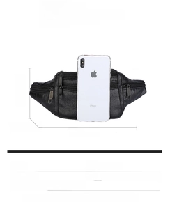 Close-up of black waterproof multi-pocket waist bag for men compared to a mobile phone size