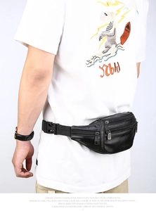 Detail of black waterproof multi-zipper waist bag with adjustable plastic buckle
