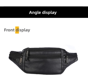 Detailed view of the multi-layer zipper pockets on a black waterproof leather waist bag