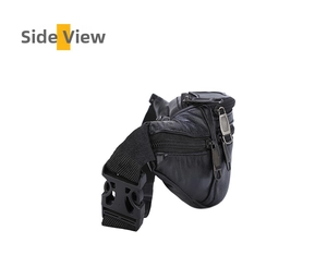 Detailed side view of black leather waist bag showing multiple metal zippers and buckle