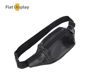 Detail of waterproof black leather waist bag with multi-layer zipper pockets and buckle