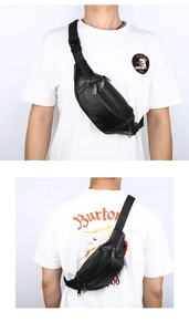 Detail of black waterproof leather chest bag with triple zippers and quick-release buckle