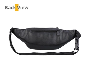 Rear view of black lychee grain waist bag showing secure zipper pocket and buckle strap