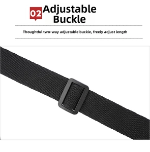 Detail of adjustable nylon shoulder strap with a durable black plastic buckle for bags