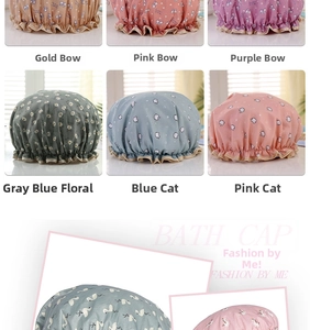 Detail view of double-layer waterproof bath caps with various cartoon prints and patterns