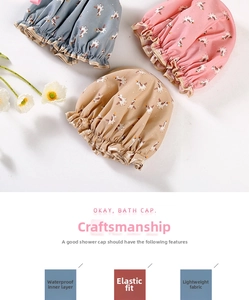 Three-piece waterproof shower cap set with unicorn prints in pink, blue, and beige colors