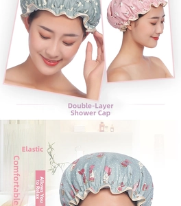Detail showing various cartoon printed waterproof shower caps with elastic bands for women