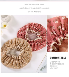Detail of floral waterproof shower caps with elastic band and premium satin piping edges